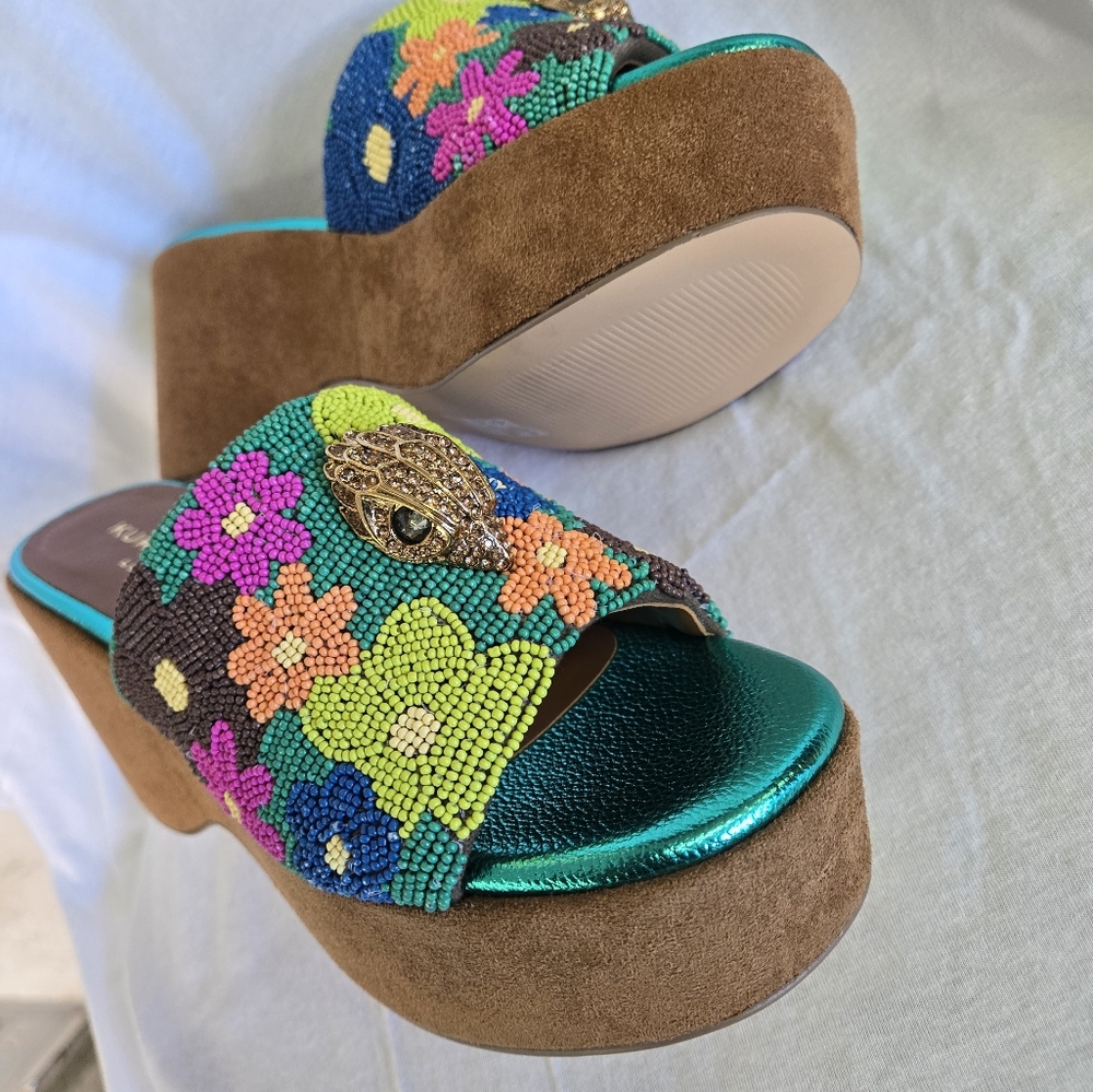 Kurt Geiger Beaded Floral Slide Mules in Teal, Green, Pink, Orange - Picture 10 of 16